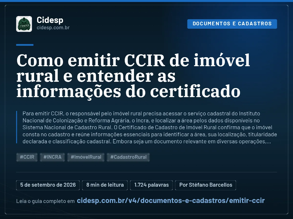 Cartão do artigo “Como emitir CCIR de imóvel rural e entender as informações do certificado”, com resumo, data de publicação e endereço da página.