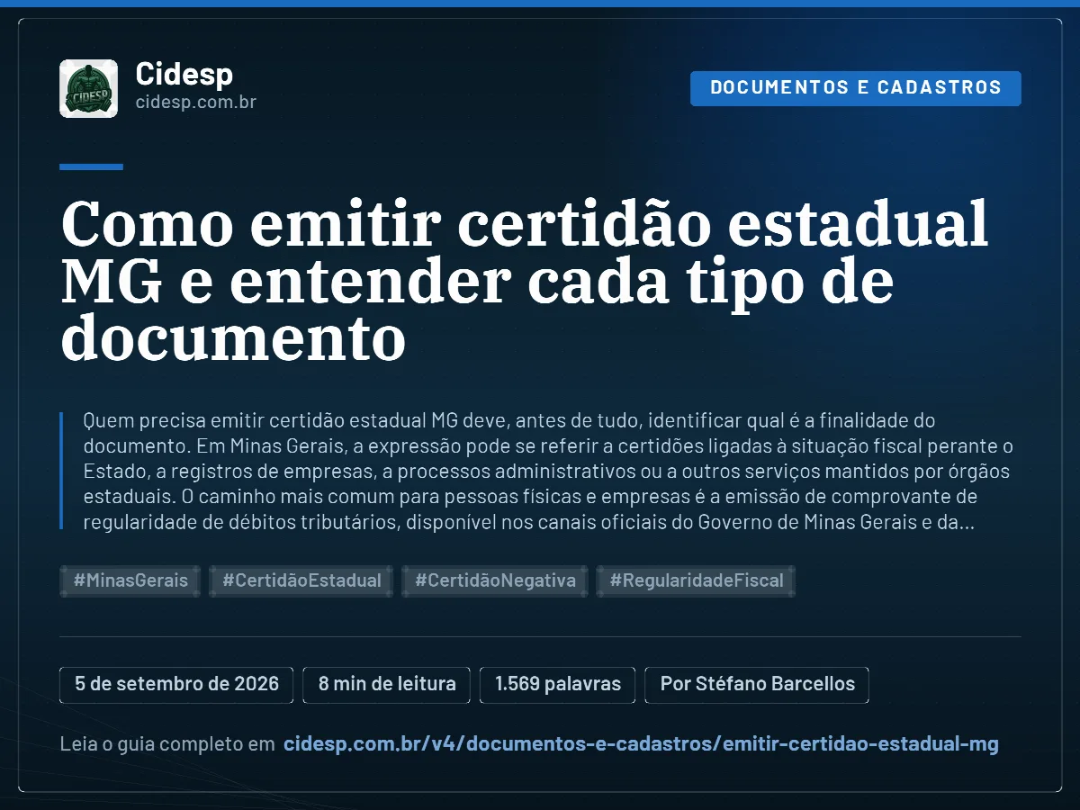 Cartão do artigo “Como emitir certidão estadual MG e entender cada tipo de documento”, com resumo, data de publicação e endereço da página.