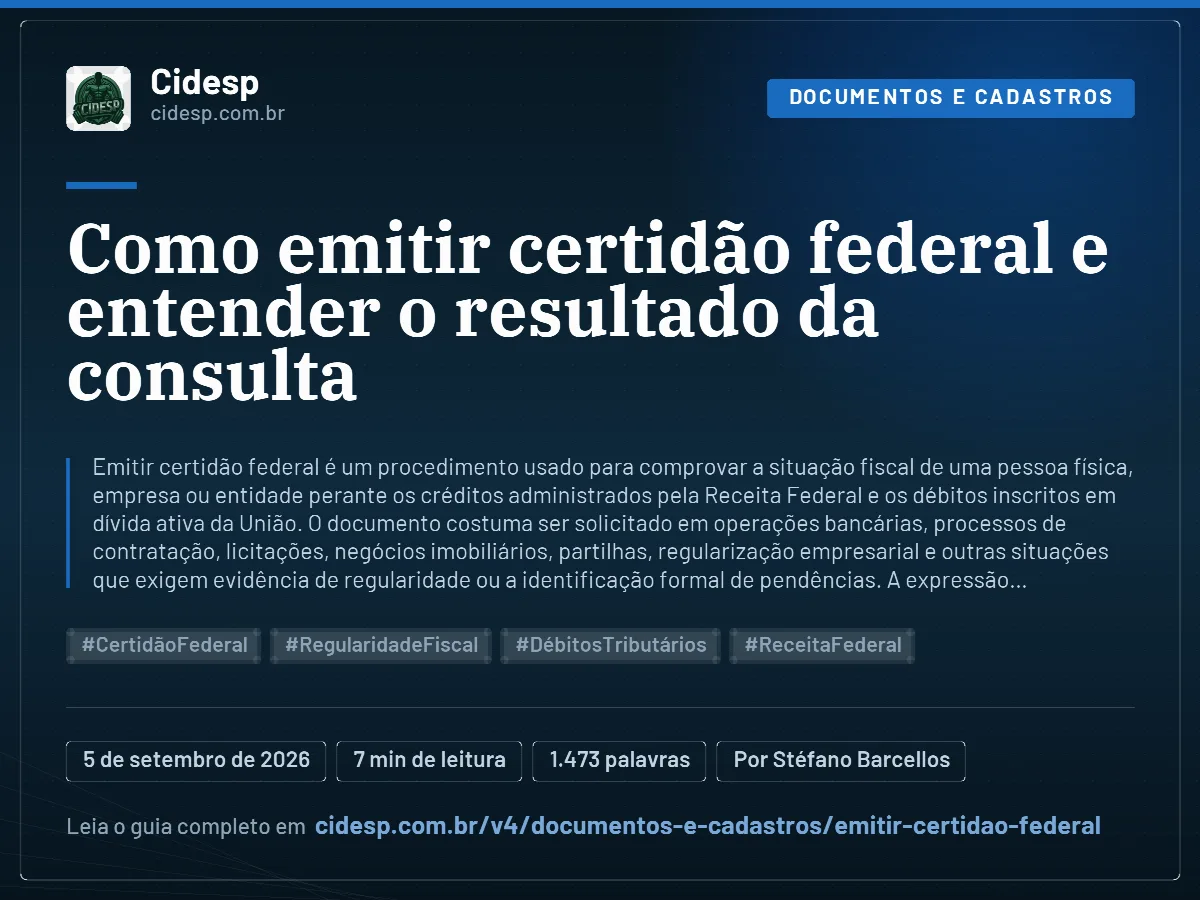 Cartão do artigo “Como emitir certidão federal e entender o resultado da consulta”, com resumo, data de publicação e endereço da página.