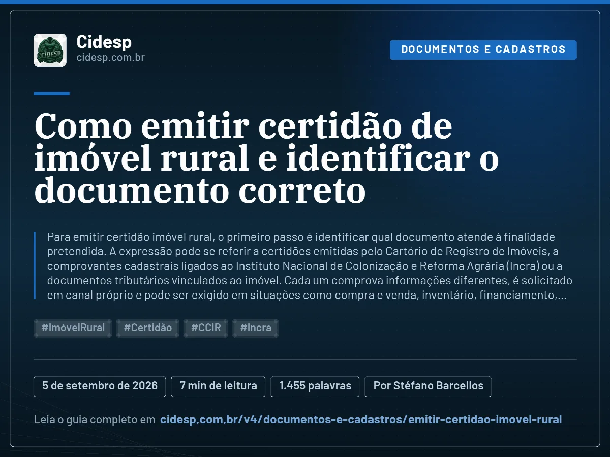 Cartão do artigo “Como emitir certidão de imóvel rural e identificar o documento correto”, com resumo, data de publicação e endereço da página.