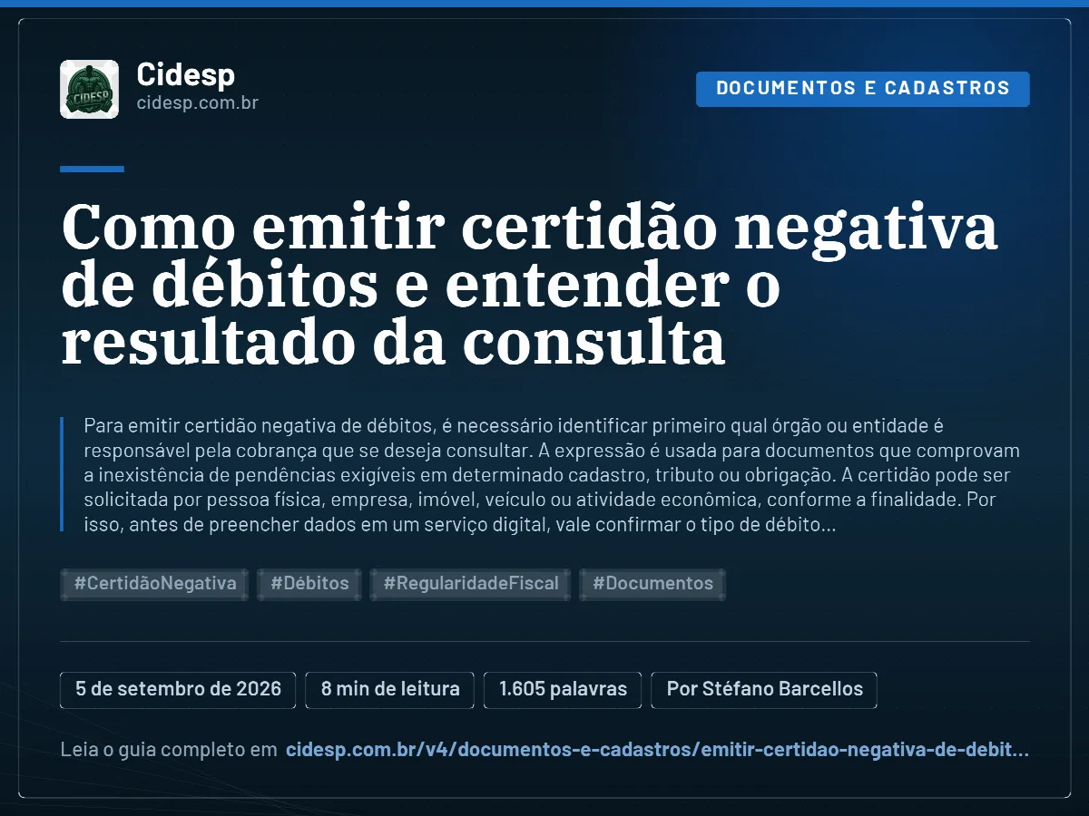 Cartão do artigo “Como emitir certidão negativa de débitos e entender o resultado da consulta”, com resumo, data de publicação e endereço da página.