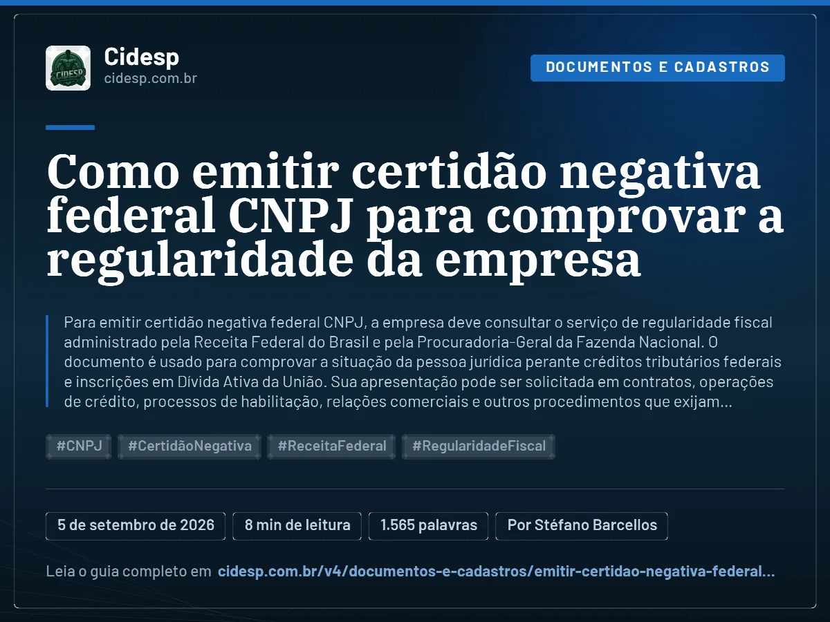 Cartão do artigo “Como emitir certidão negativa federal CNPJ para comprovar a regularidade da empresa”, com resumo, data de publicação e endereço da página.