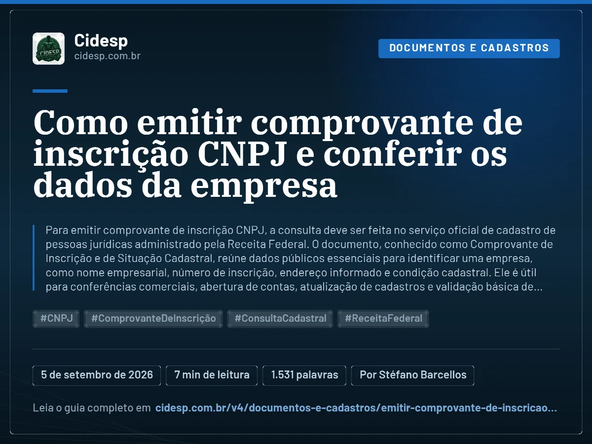 Cartão do artigo “Como emitir comprovante de inscrição CNPJ e conferir os dados da empresa”, com resumo, data de publicação e endereço da página.