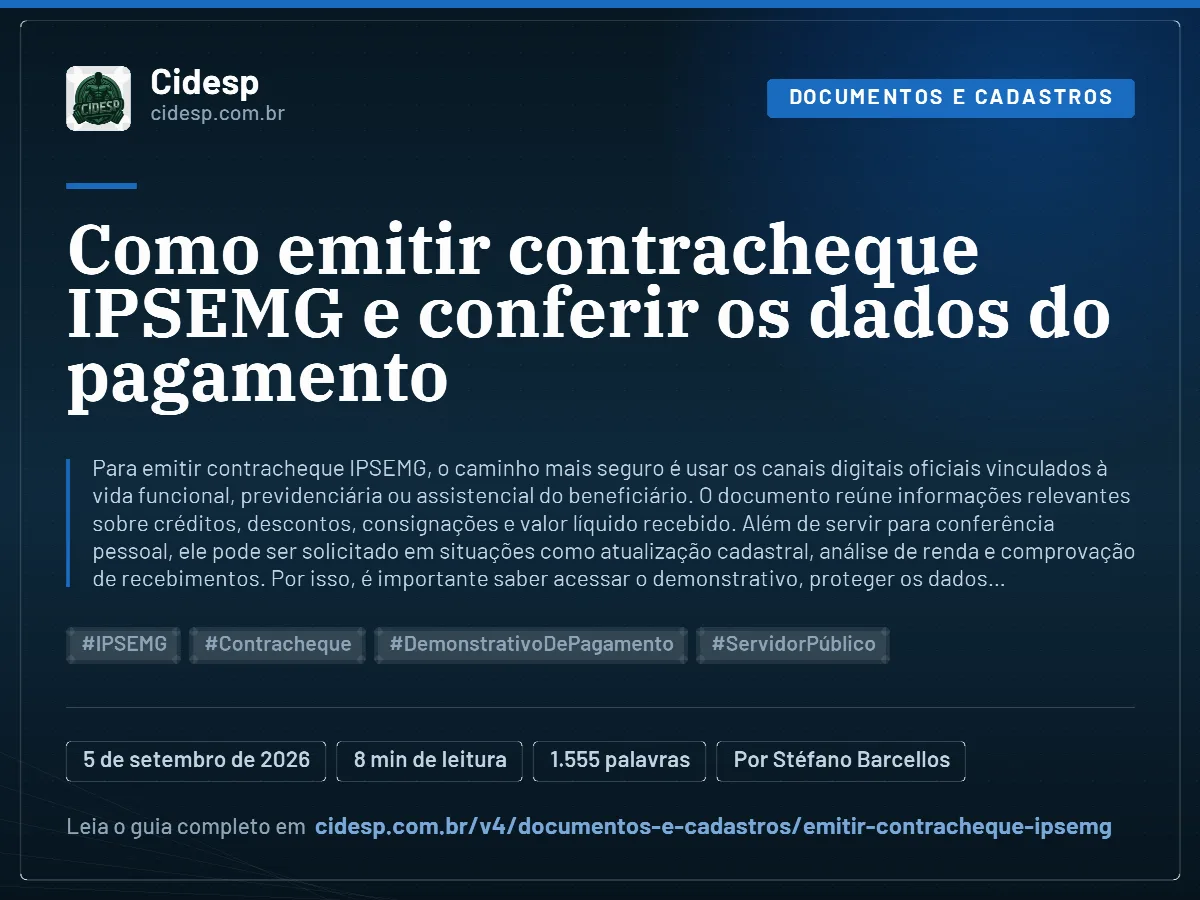 Cartão do artigo “Como emitir contracheque IPSEMG e conferir os dados do pagamento”, com resumo, data de publicação e endereço da página.