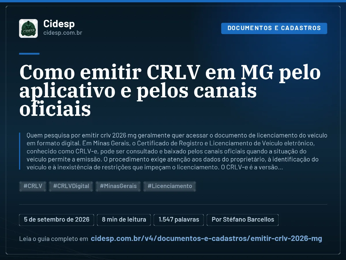 Cartão do artigo “Como emitir CRLV em MG pelo aplicativo e pelos canais oficiais”, com resumo, data de publicação e endereço da página.