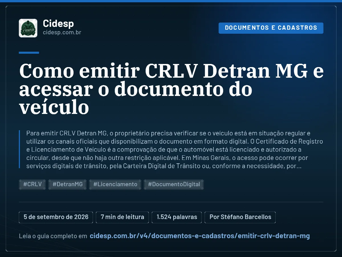 Cartão do artigo “Como emitir CRLV Detran MG e acessar o documento do veículo”, com resumo, data de publicação e endereço da página.