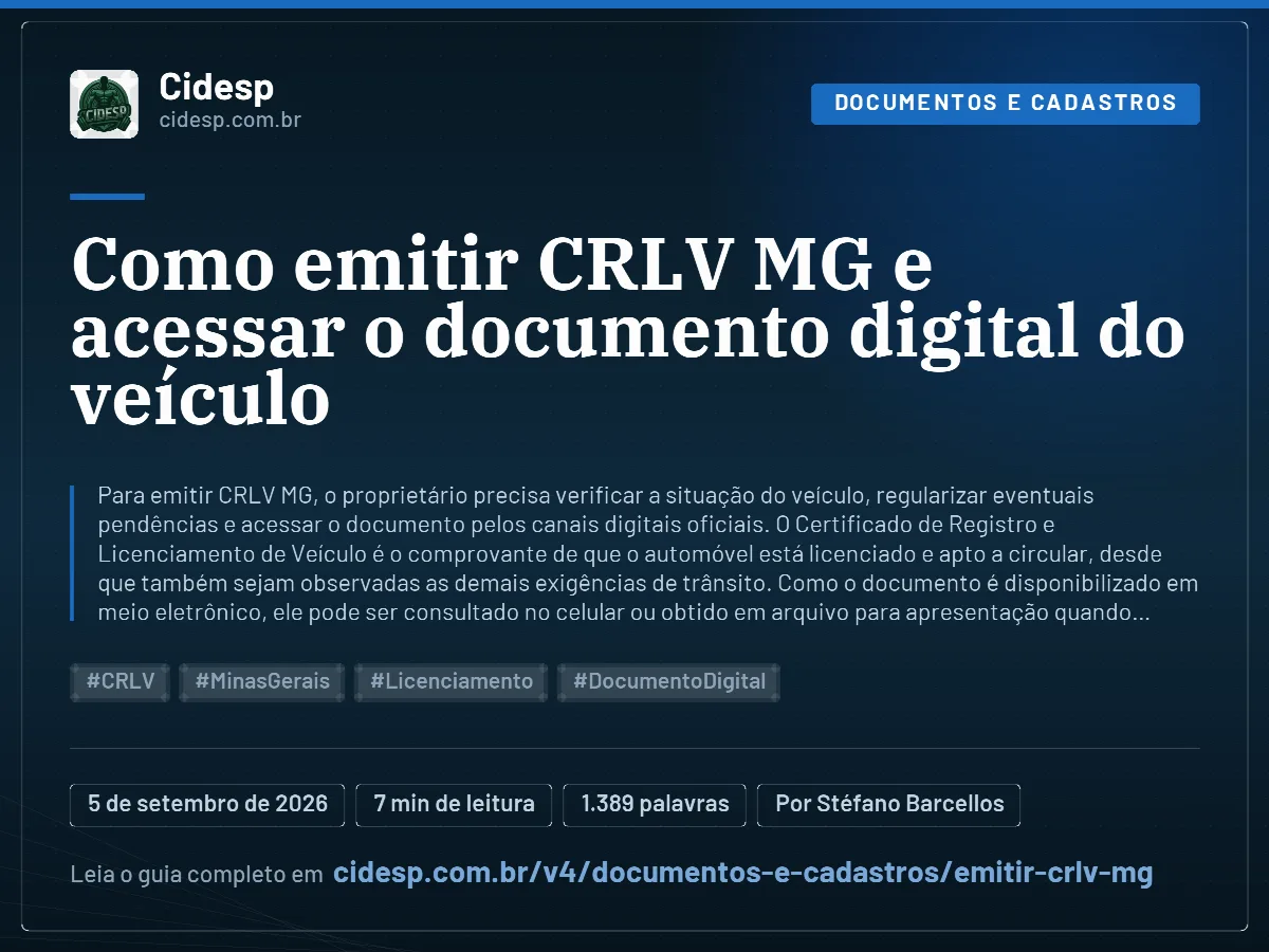 Cartão do artigo “Como emitir CRLV MG e acessar o documento digital do veículo”, com resumo, data de publicação e endereço da página.
