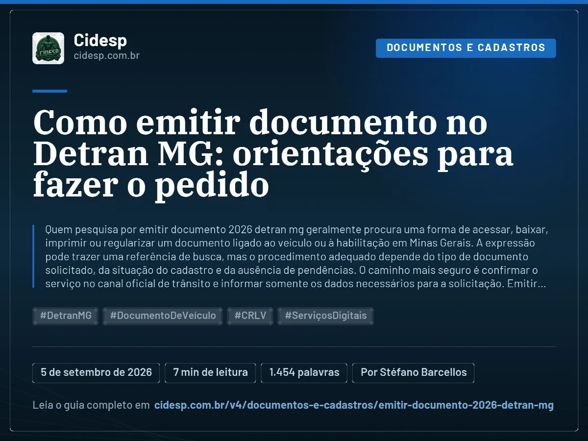 Cartão do artigo “Como emitir documento no Detran MG: orientações para fazer o pedido”, com resumo, data de publicação e endereço da página.