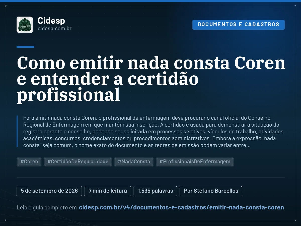Cartão do artigo “Como emitir nada consta Coren e entender a certidão profissional”, com resumo, data de publicação e endereço da página.