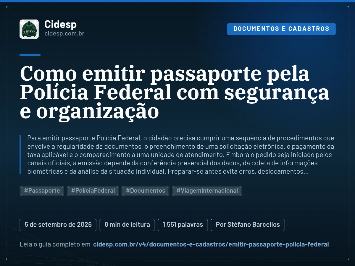 Cartão do artigo “Como emitir passaporte pela Polícia Federal com segurança e organização”, com resumo, data de publicação e endereço da página.