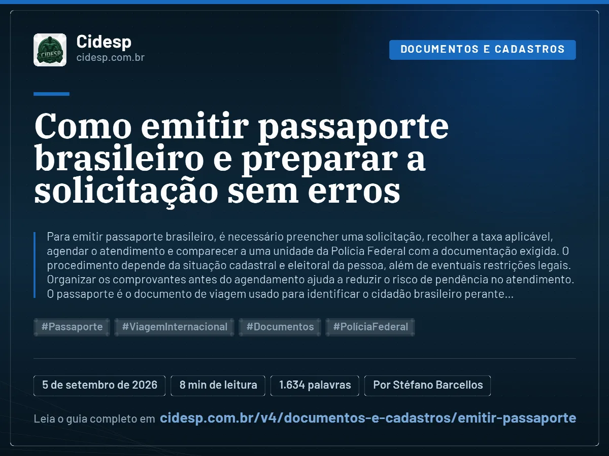Cartão do artigo “Como emitir passaporte brasileiro e preparar a solicitação sem erros”, com resumo, data de publicação e endereço da página.