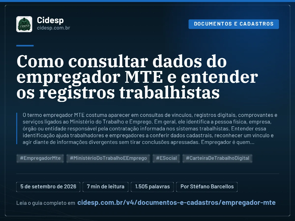 Cartão do artigo “Como consultar dados do empregador MTE e entender os registros trabalhistas”, com resumo, data de publicação e endereço da página.