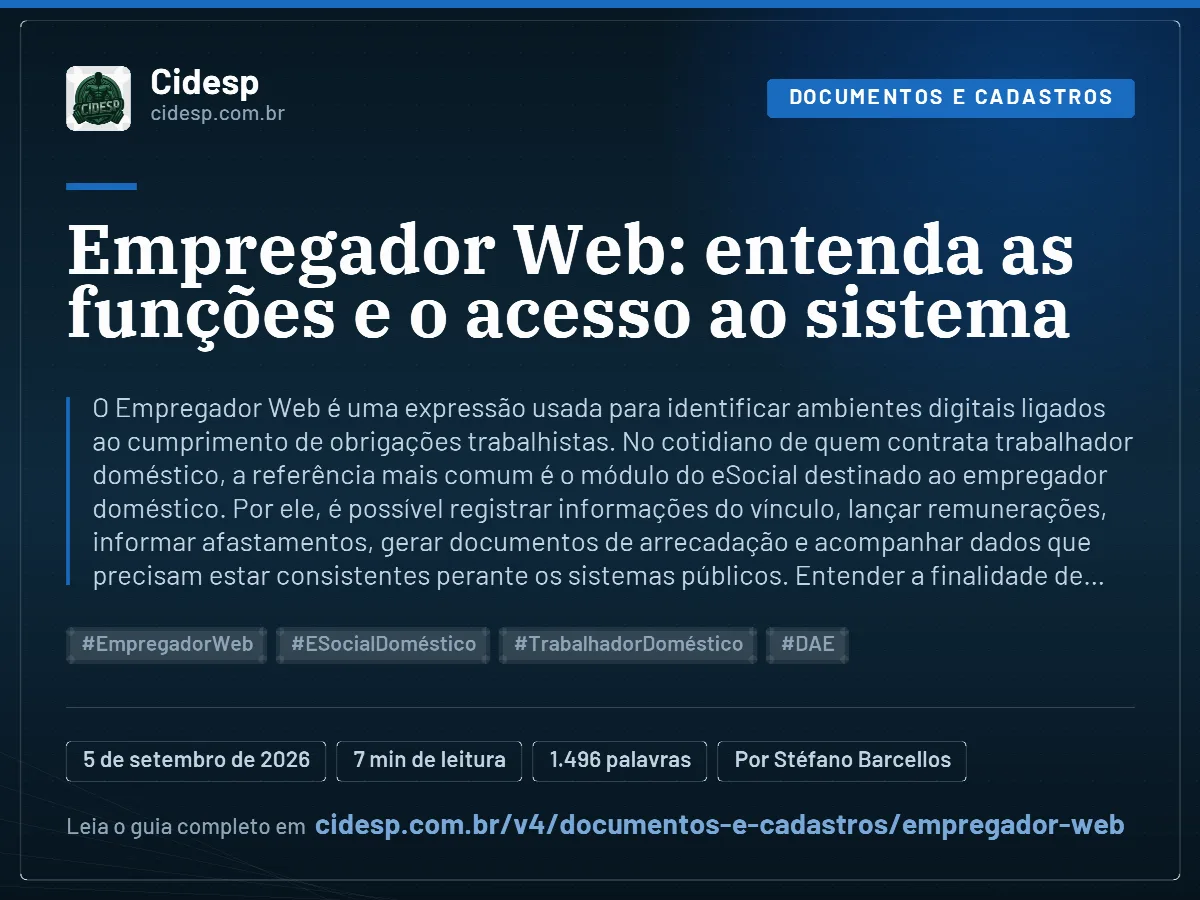 Cartão do artigo “Empregador Web: entenda as funções e o acesso ao sistema”, com resumo, data de publicação e endereço da página.