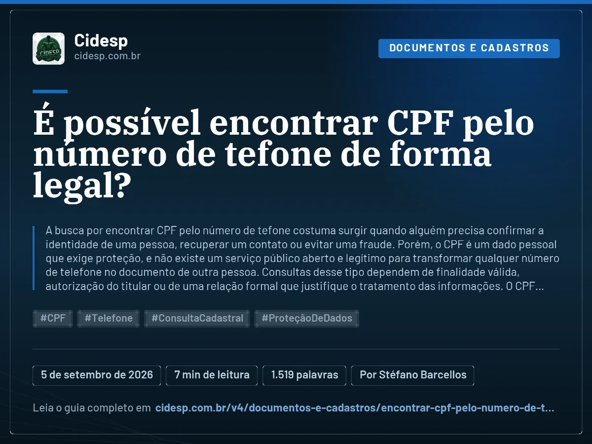 Cartão do artigo “É possível encontrar CPF pelo número de tefone de forma legal?”, com resumo, data de publicação e endereço da página.
