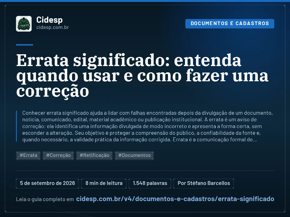 Cartão do artigo “Errata significado: entenda quando usar e como fazer uma correção”, com resumo, data de publicação e endereço da página.