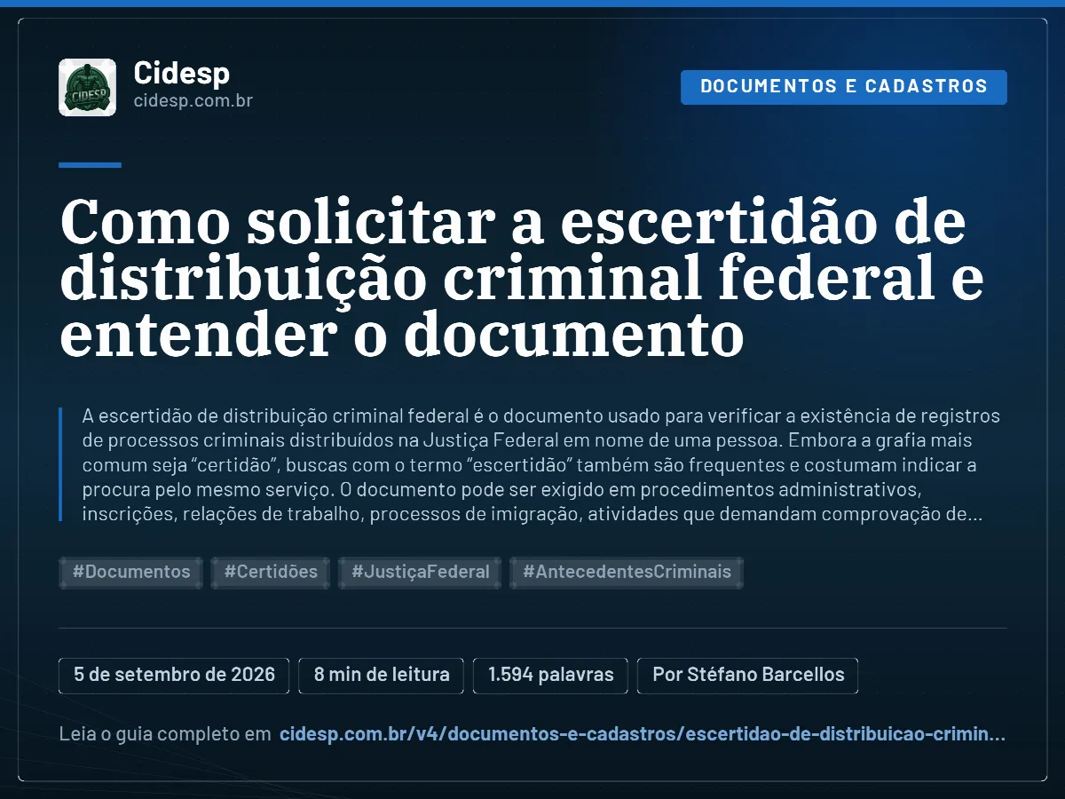 Cartão do artigo “Como solicitar a escertidão de distribuição criminal federal e entender o documento”, com resumo, data de publicação e endereço da página.