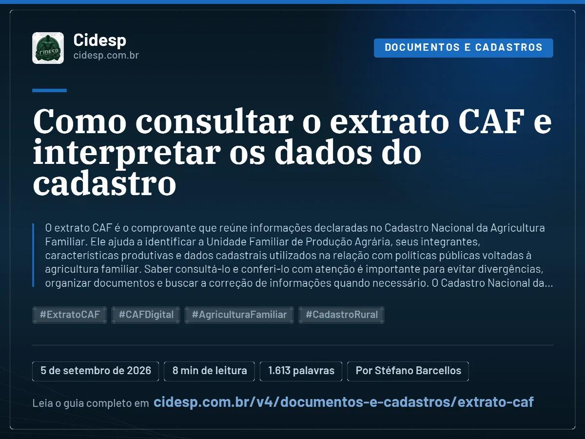 Cartão do artigo “Como consultar o extrato CAF e interpretar os dados do cadastro”, com resumo, data de publicação e endereço da página.