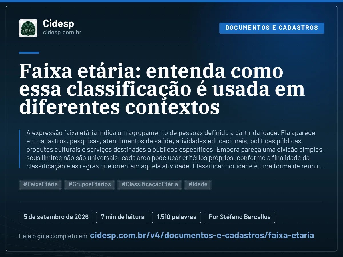 Cartão do artigo “Faixa etária: entenda como essa classificação é usada em diferentes contextos”, com resumo, data de publicação e endereço da página.