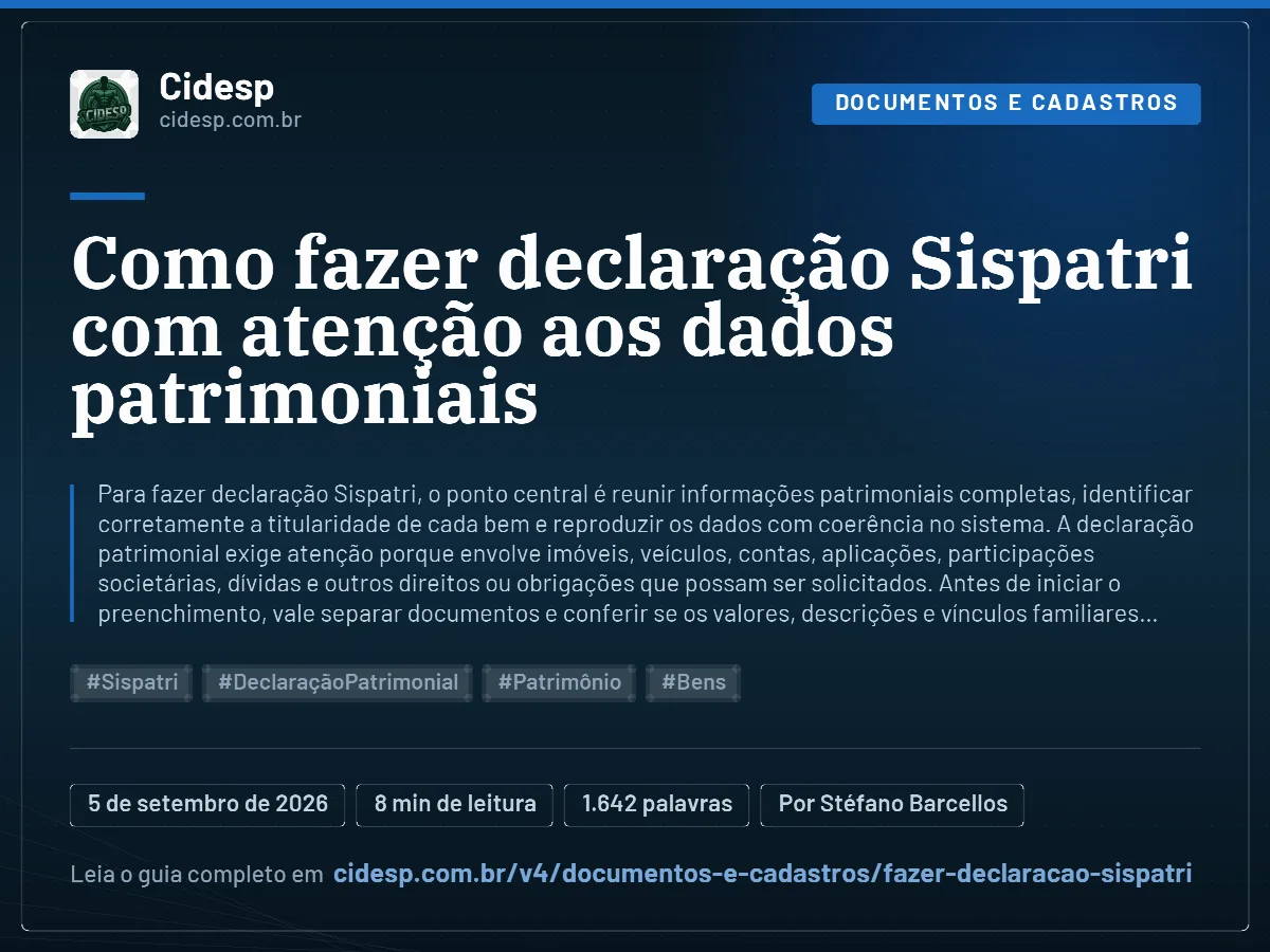 Cartão do artigo “Como fazer declaração Sispatri com atenção aos dados patrimoniais”, com resumo, data de publicação e endereço da página.