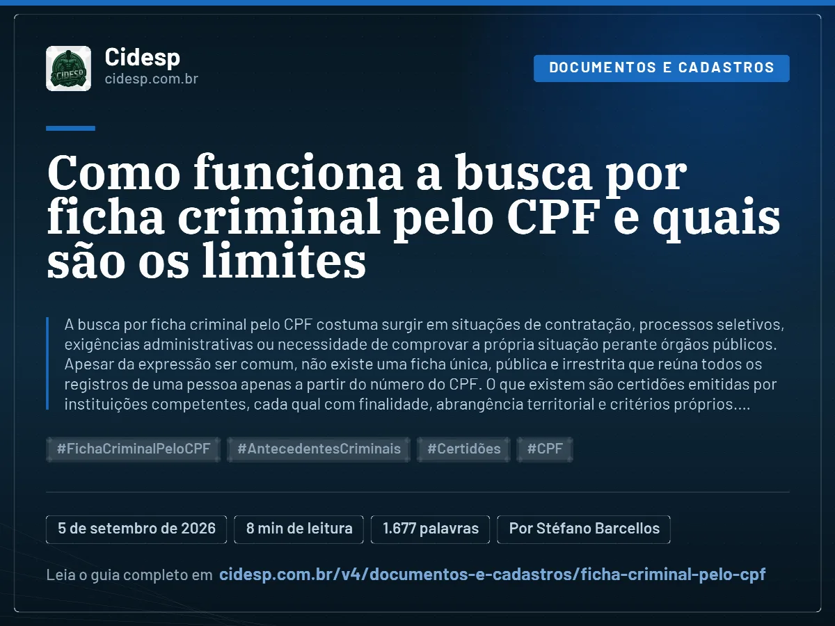 Cartão do artigo “Como funciona a busca por ficha criminal pelo CPF e quais são os limites”, com resumo, data de publicação e endereço da página.