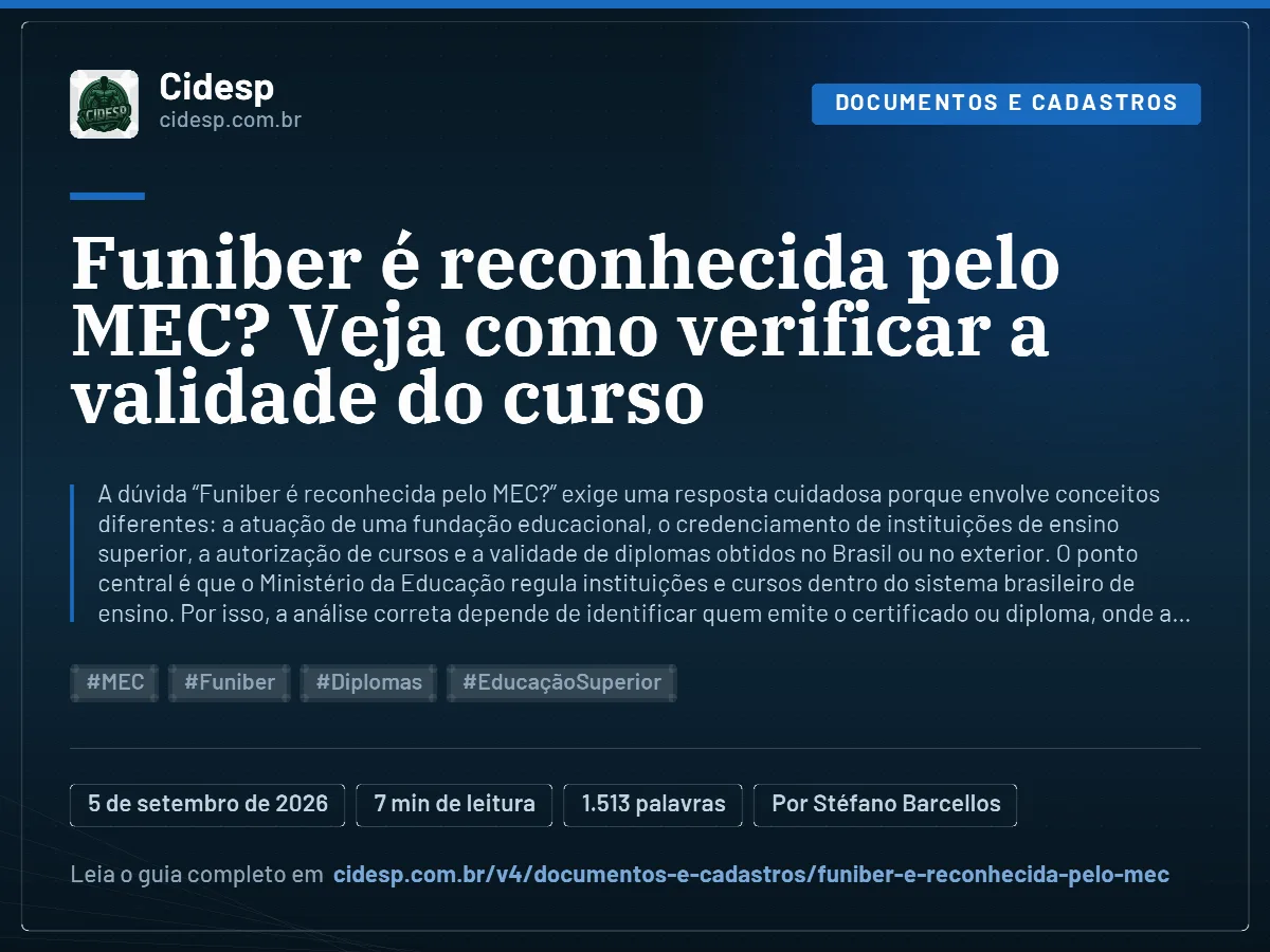 Cartão do artigo “Funiber é reconhecida pelo MEC? Veja como verificar a validade do curso”, com resumo, data de publicação e endereço da página.