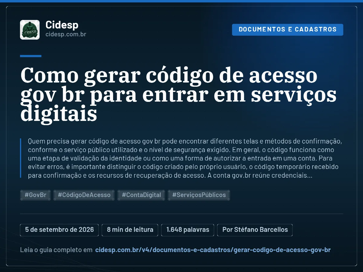 Cartão do artigo “Como gerar código de acesso gov br para entrar em serviços digitais”, com resumo, data de publicação e endereço da página.