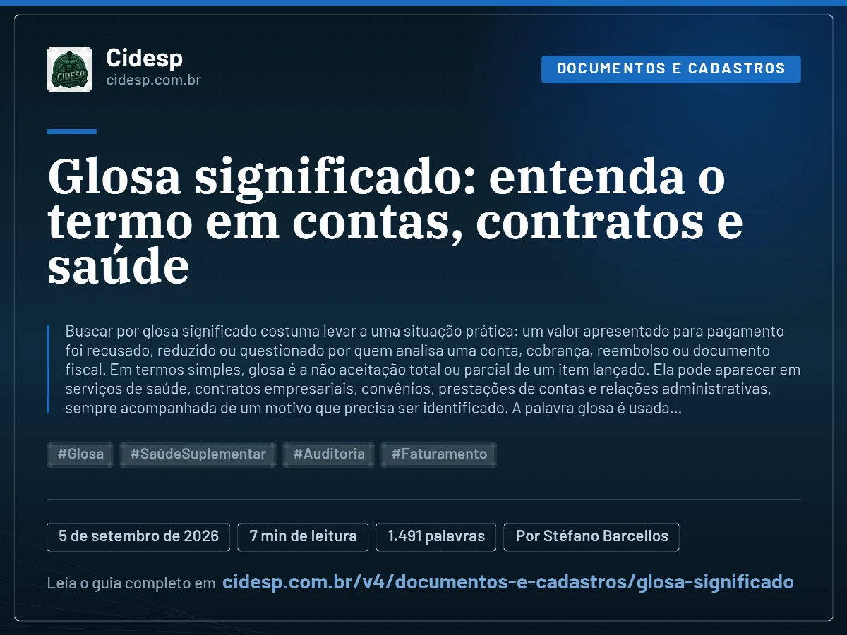 Cartão do artigo “Glosa significado: entenda o termo em contas, contratos e saúde”, com resumo, data de publicação e endereço da página.