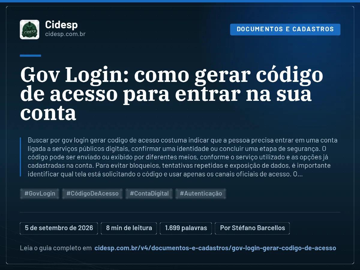 Cartão do artigo “Gov Login: como gerar código de acesso para entrar na sua conta”, com resumo, data de publicação e endereço da página.