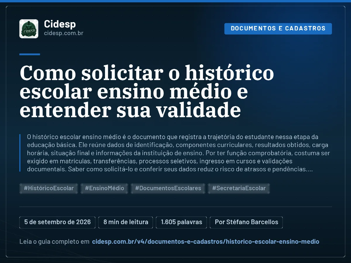Cartão do artigo “Como solicitar o histórico escolar ensino médio e entender sua validade”, com resumo, data de publicação e endereço da página.