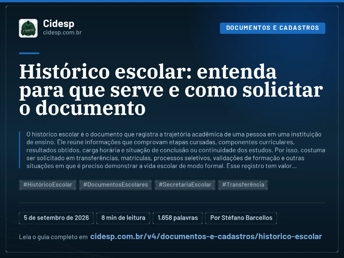 Cartão do artigo “Histórico escolar: entenda para que serve e como solicitar o documento”, com resumo, data de publicação e endereço da página.
