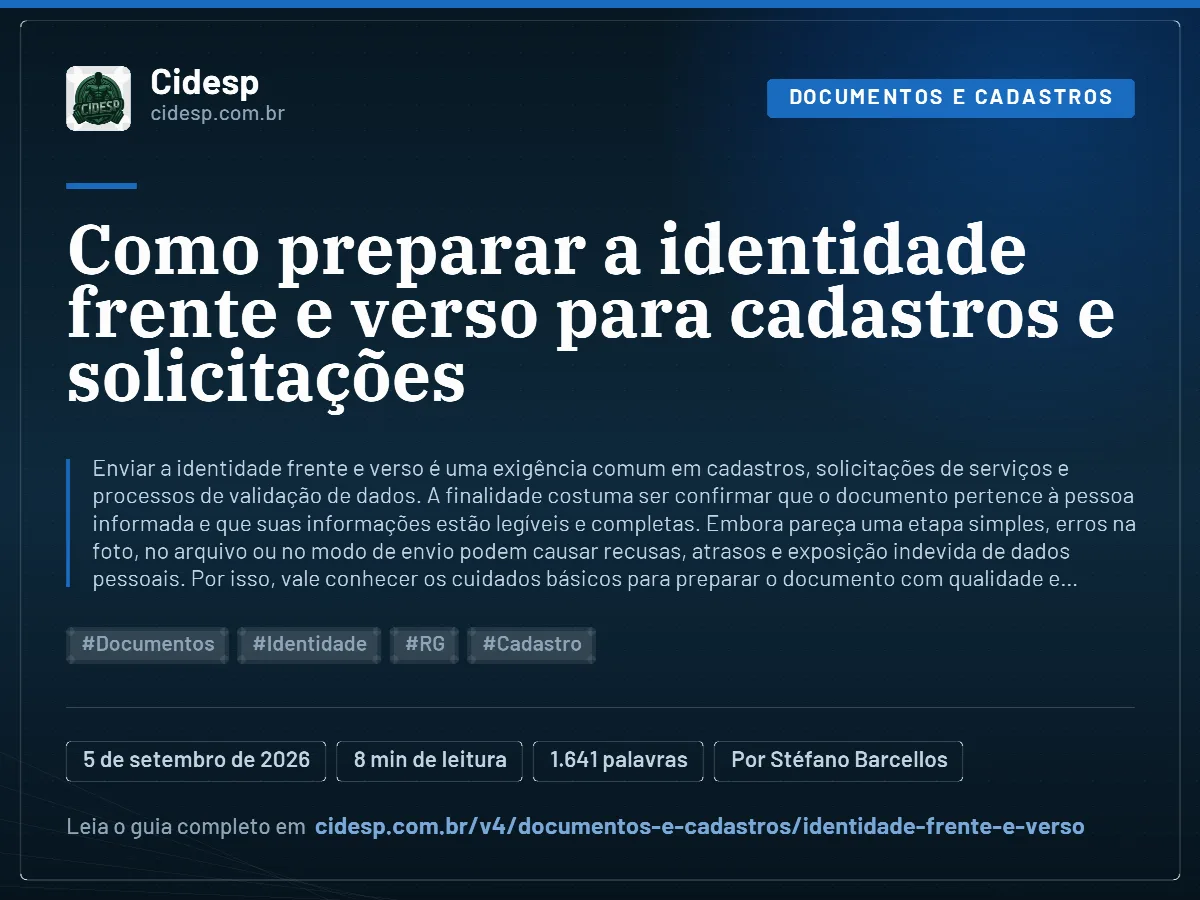 Cartão do artigo “Como preparar a identidade frente e verso para cadastros e solicitações”, com resumo, data de publicação e endereço da página.