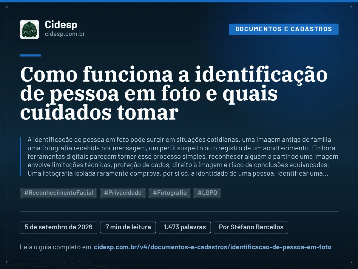 Cartão do artigo “Como funciona a identificação de pessoa em foto e quais cuidados tomar”, com resumo, data de publicação e endereço da página.