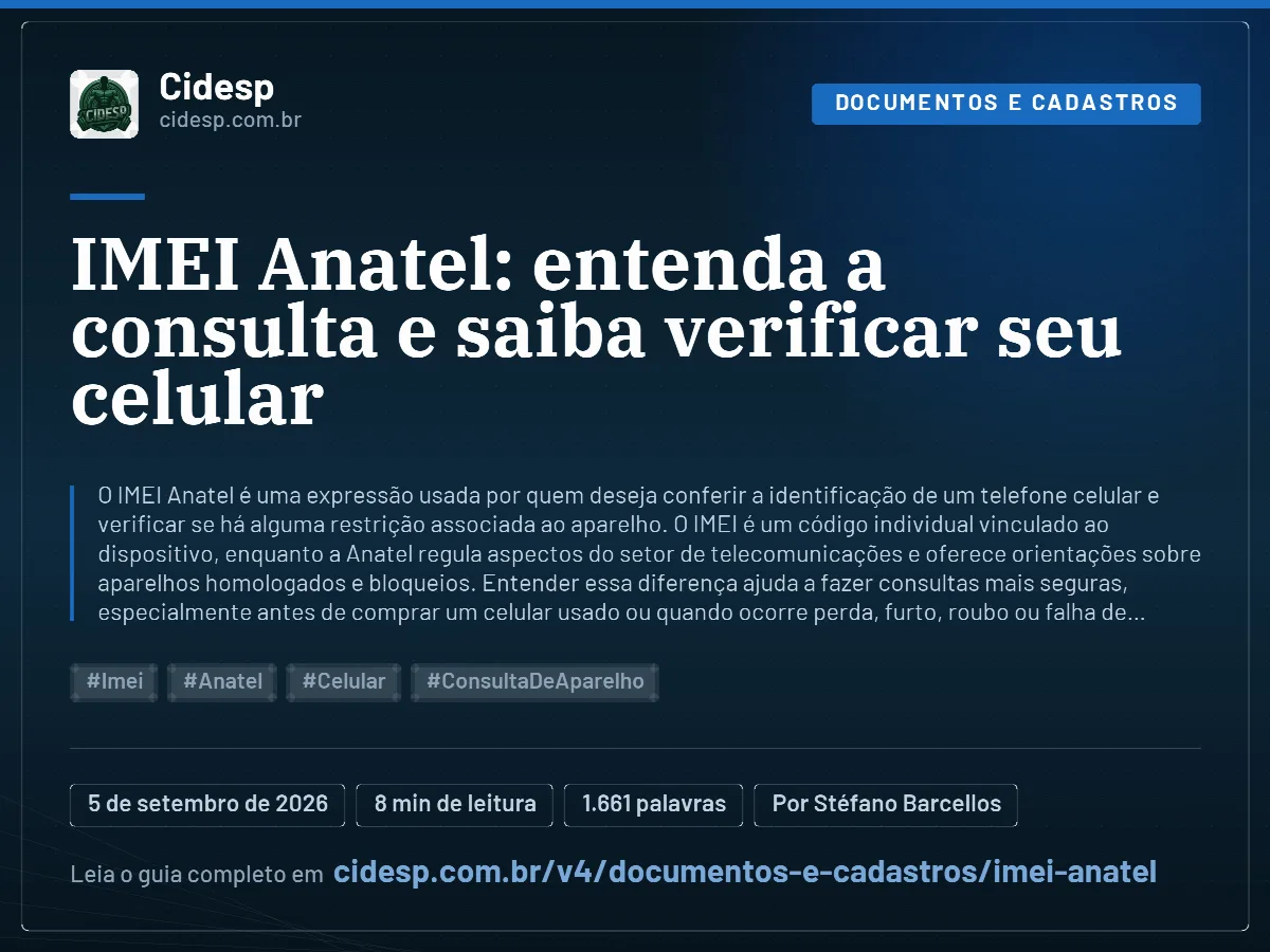 Cartão do artigo “IMEI Anatel: entenda a consulta e saiba verificar seu celular”, com resumo, data de publicação e endereço da página.