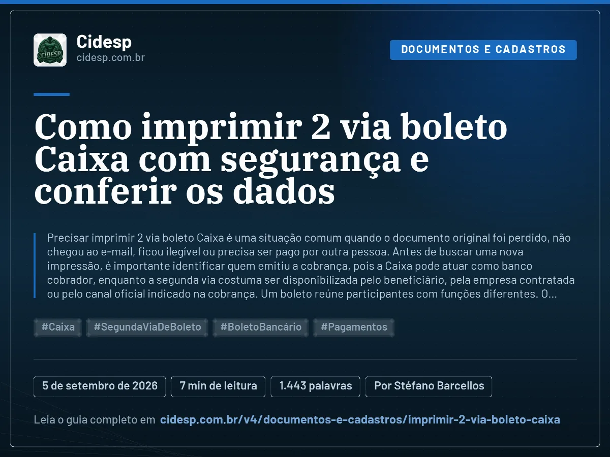 Cartão do artigo “Como imprimir 2 via boleto Caixa com segurança e conferir os dados”, com resumo, data de publicação e endereço da página.