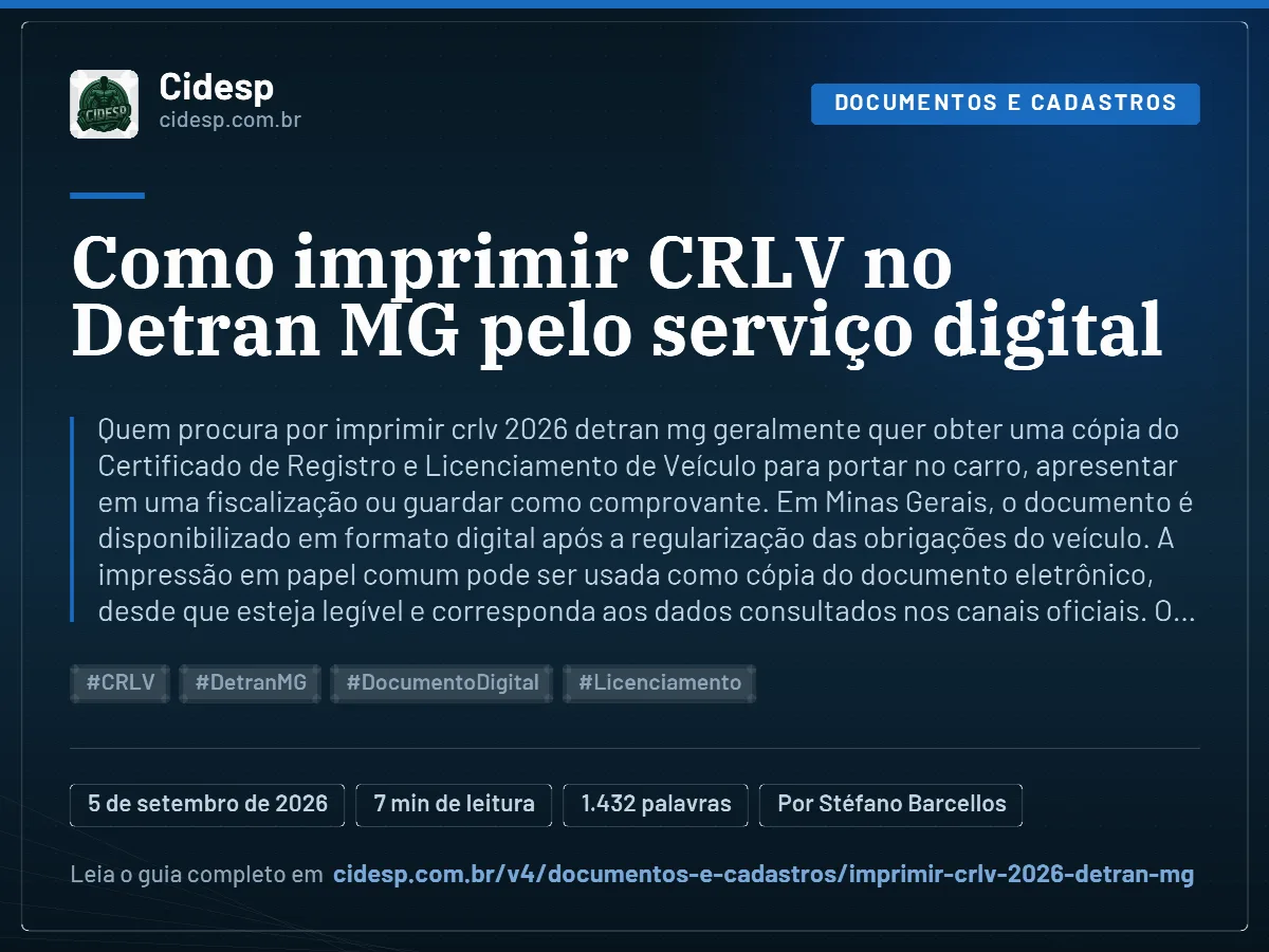Cartão do artigo “Como imprimir CRLV no Detran MG pelo serviço digital”, com resumo, data de publicação e endereço da página.