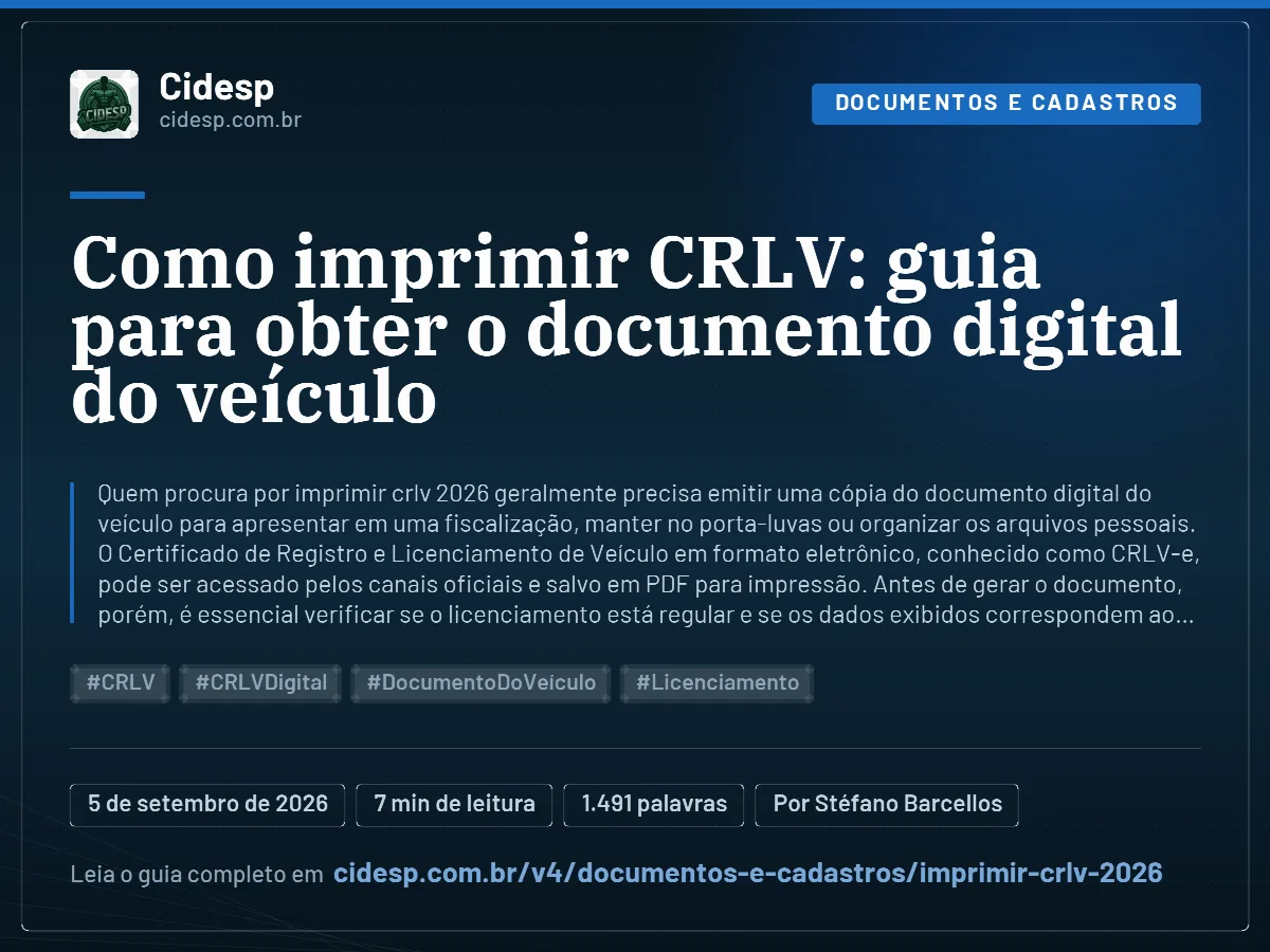 Cartão do artigo “Como imprimir CRLV: guia para obter o documento digital do veículo”, com resumo, data de publicação e endereço da página.