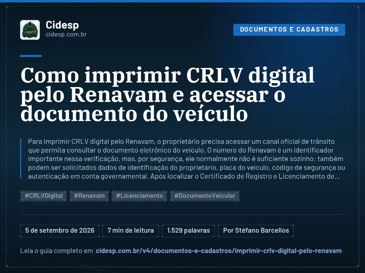 Cartão do artigo “Como imprimir CRLV digital pelo Renavam e acessar o documento do veículo”, com resumo, data de publicação e endereço da página.
