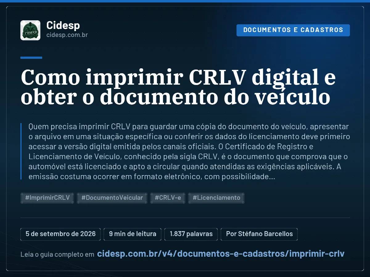 Cartão do artigo “Como imprimir CRLV digital e obter o documento do veículo”, com resumo, data de publicação e endereço da página.