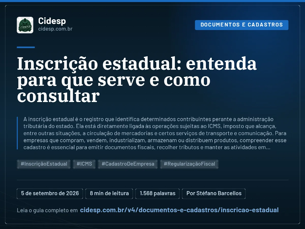 Cartão do artigo “Inscrição estadual: entenda para que serve e como consultar”, com resumo, data de publicação e endereço da página.
