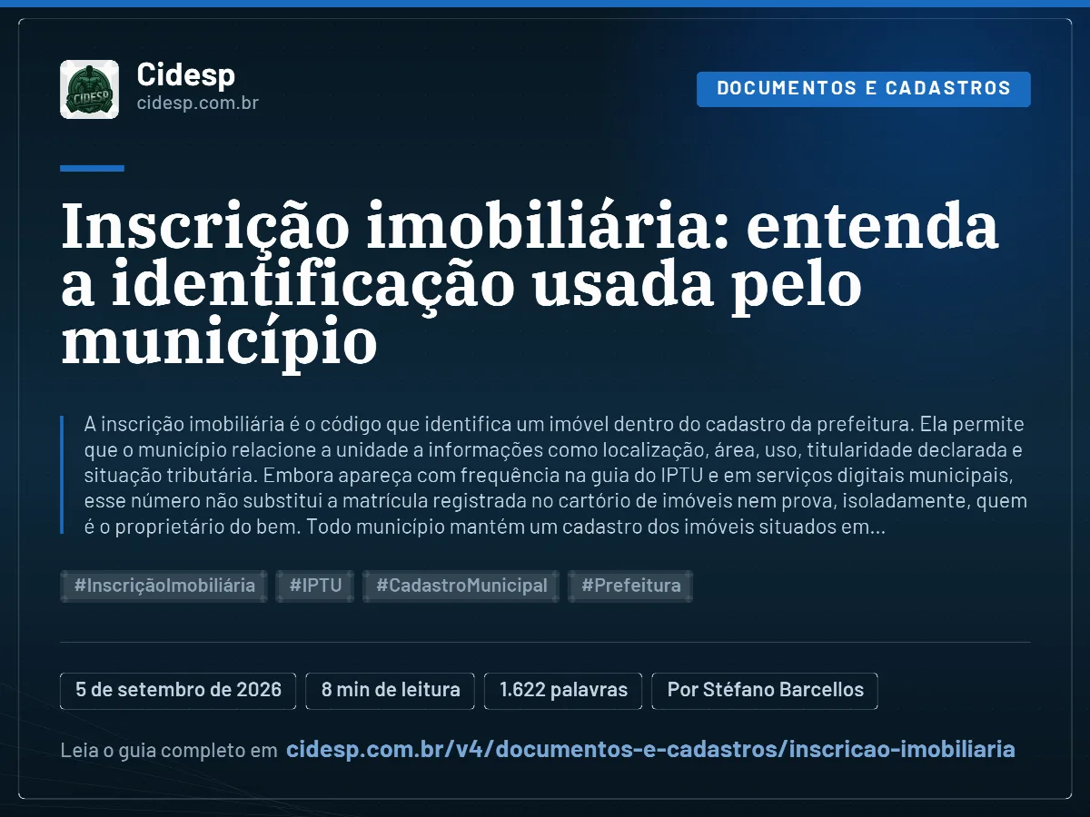 Cartão do artigo “Inscrição imobiliária: entenda a identificação usada pelo município”, com resumo, data de publicação e endereço da página.