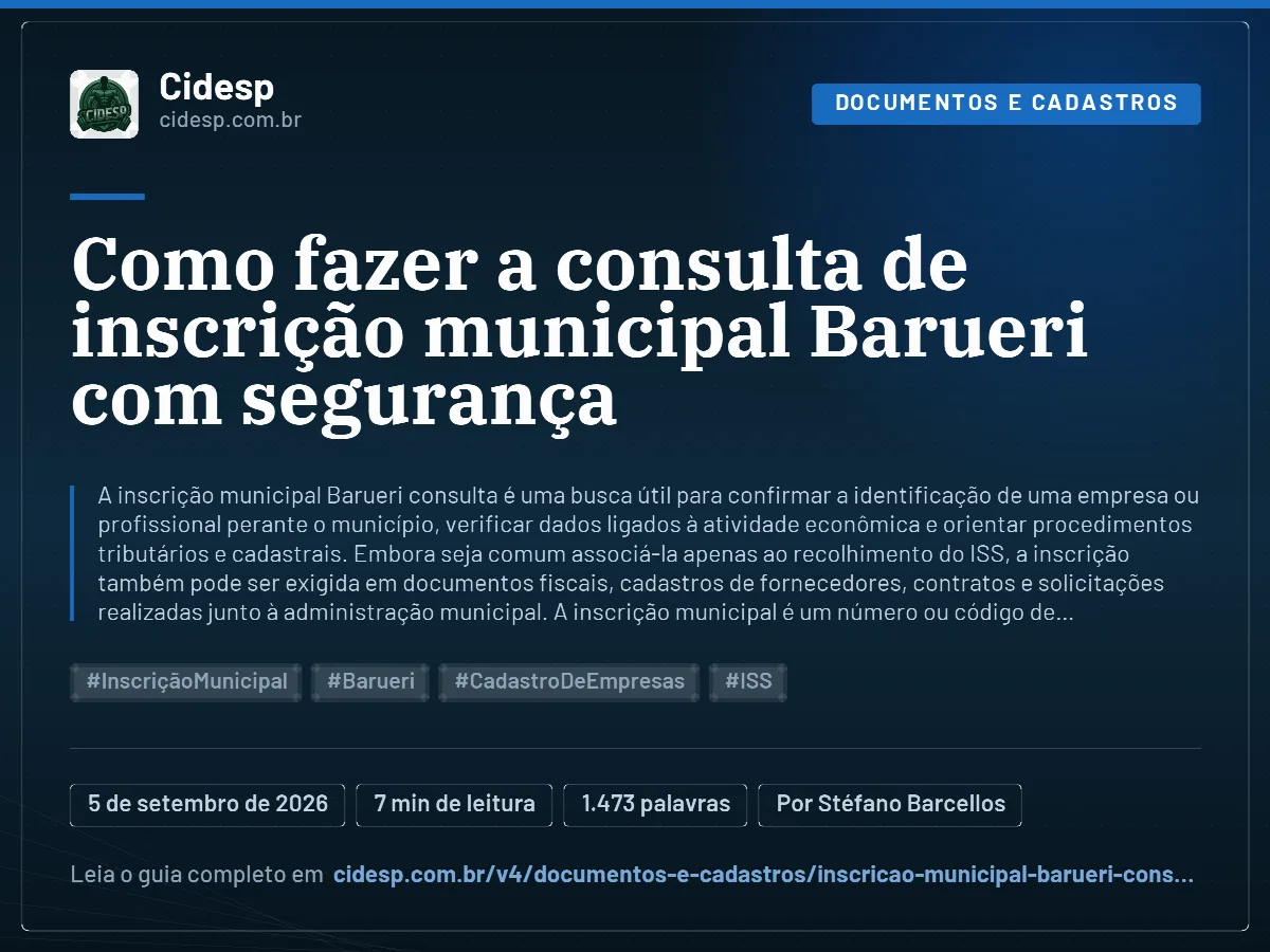 Cartão do artigo “Como fazer a consulta de inscrição municipal Barueri com segurança”, com resumo, data de publicação e endereço da página.