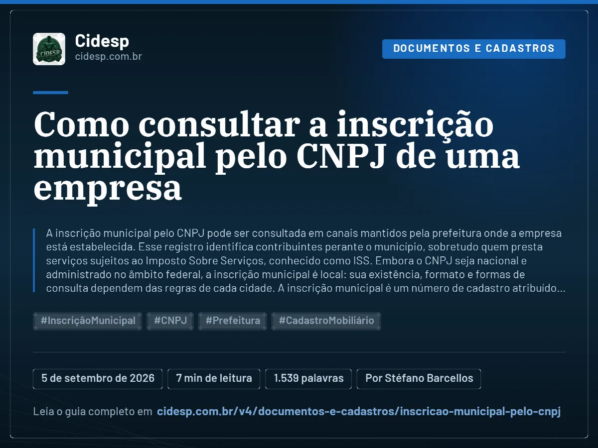 Cartão do artigo “Como consultar a inscrição municipal pelo CNPJ de uma empresa”, com resumo, data de publicação e endereço da página.