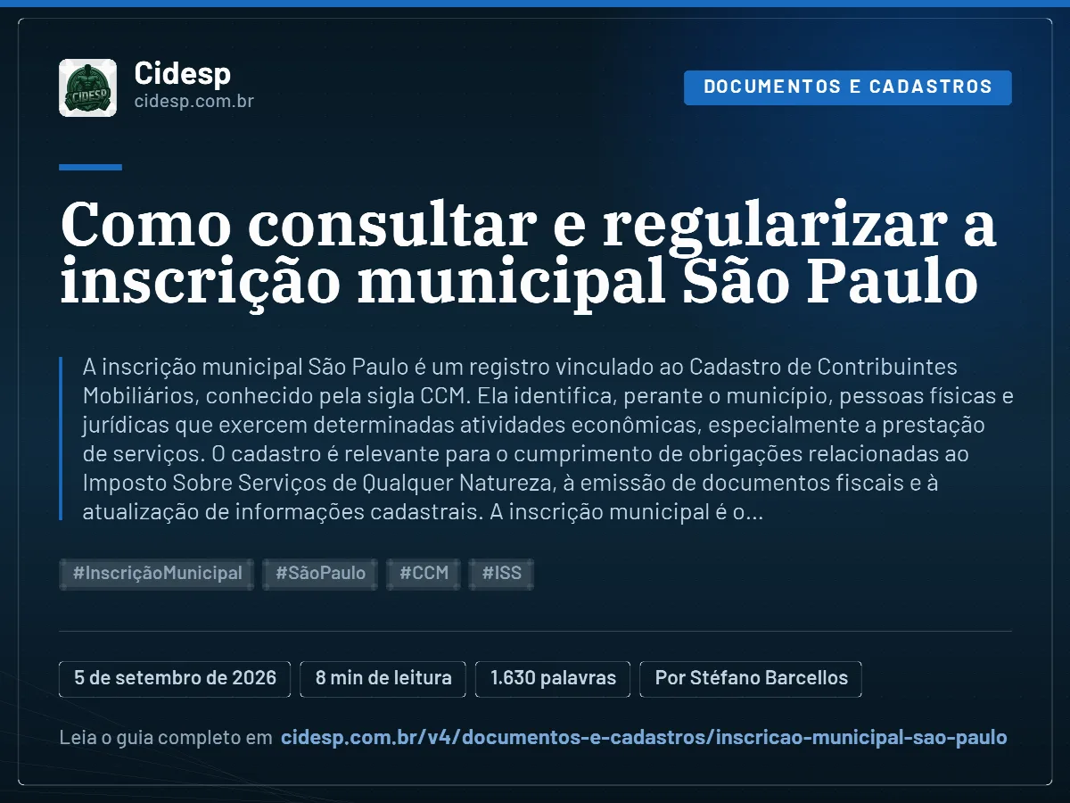 Cartão do artigo “Como consultar e regularizar a inscrição municipal São Paulo”, com resumo, data de publicação e endereço da página.