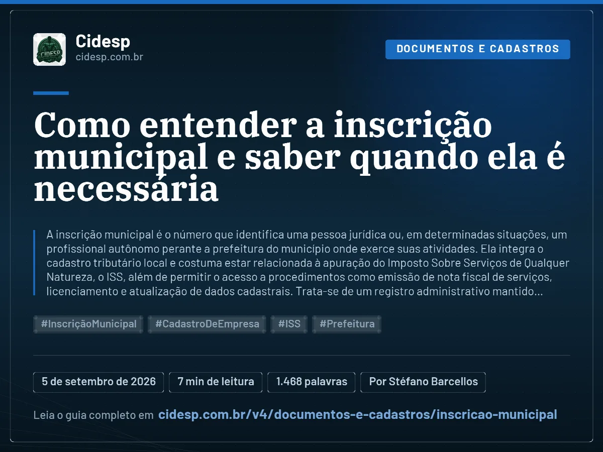 Cartão do artigo “Como entender a inscrição municipal e saber quando ela é necessária”, com resumo, data de publicação e endereço da página.