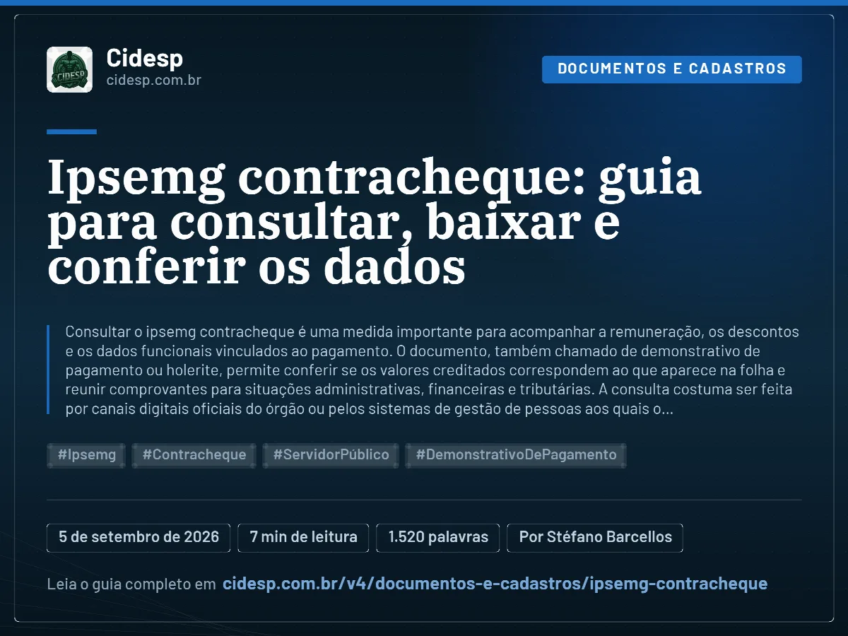 Cartão do artigo “Ipsemg contracheque: guia para consultar, baixar e conferir os dados”, com resumo, data de publicação e endereço da página.