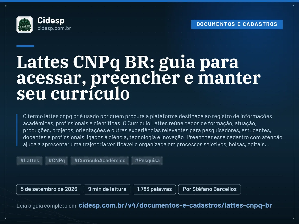 Cartão do artigo “Lattes CNPq BR: guia para acessar, preencher e manter seu currículo”, com resumo, data de publicação e endereço da página.