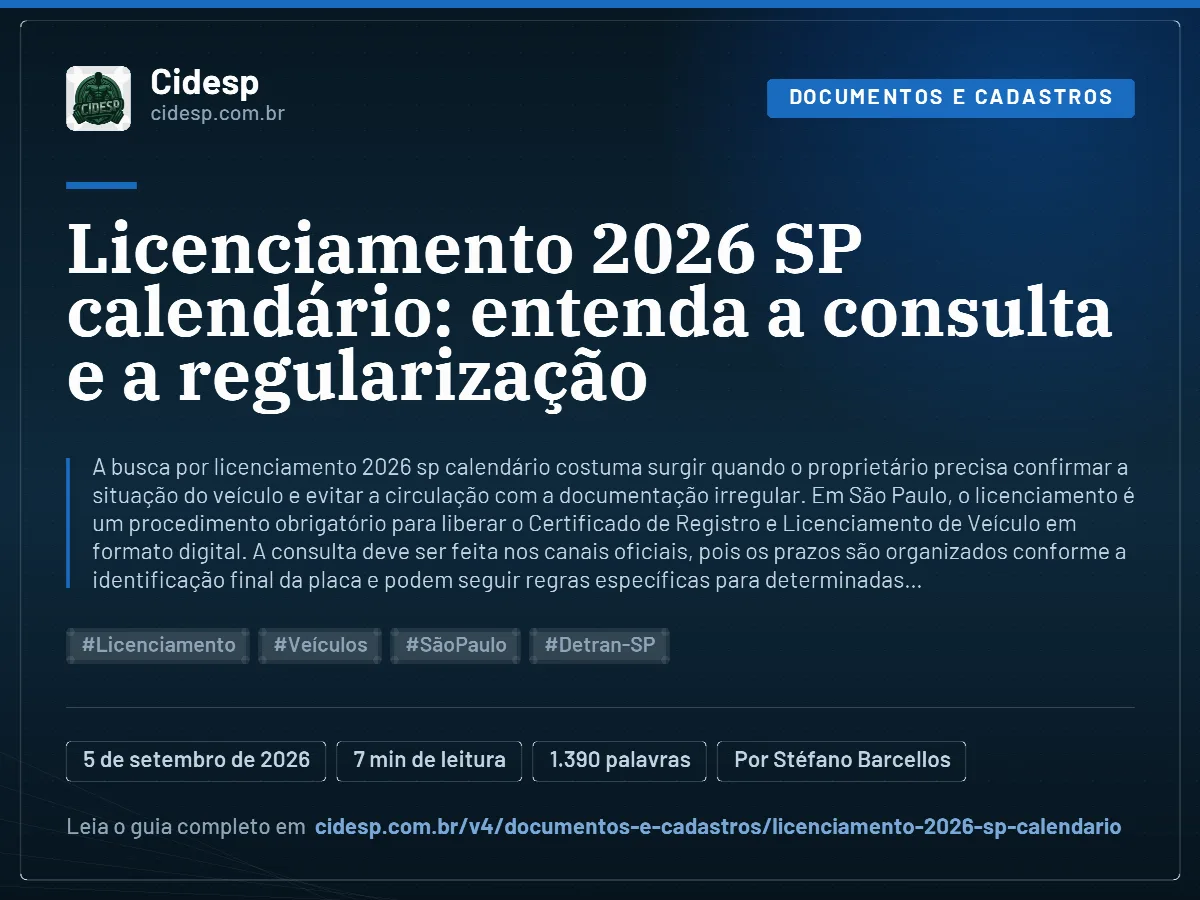 Cartão do artigo “Licenciamento 2026 SP calendário: entenda a consulta e a regularização”, com resumo, data de publicação e endereço da página.