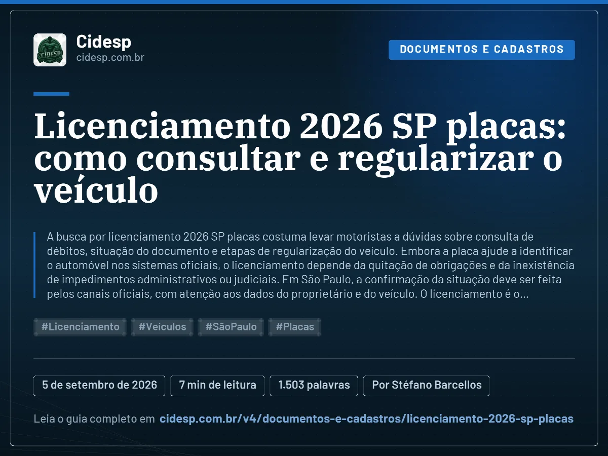 Cartão do artigo “Licenciamento 2026 SP placas: como consultar e regularizar o veículo”, com resumo, data de publicação e endereço da página.