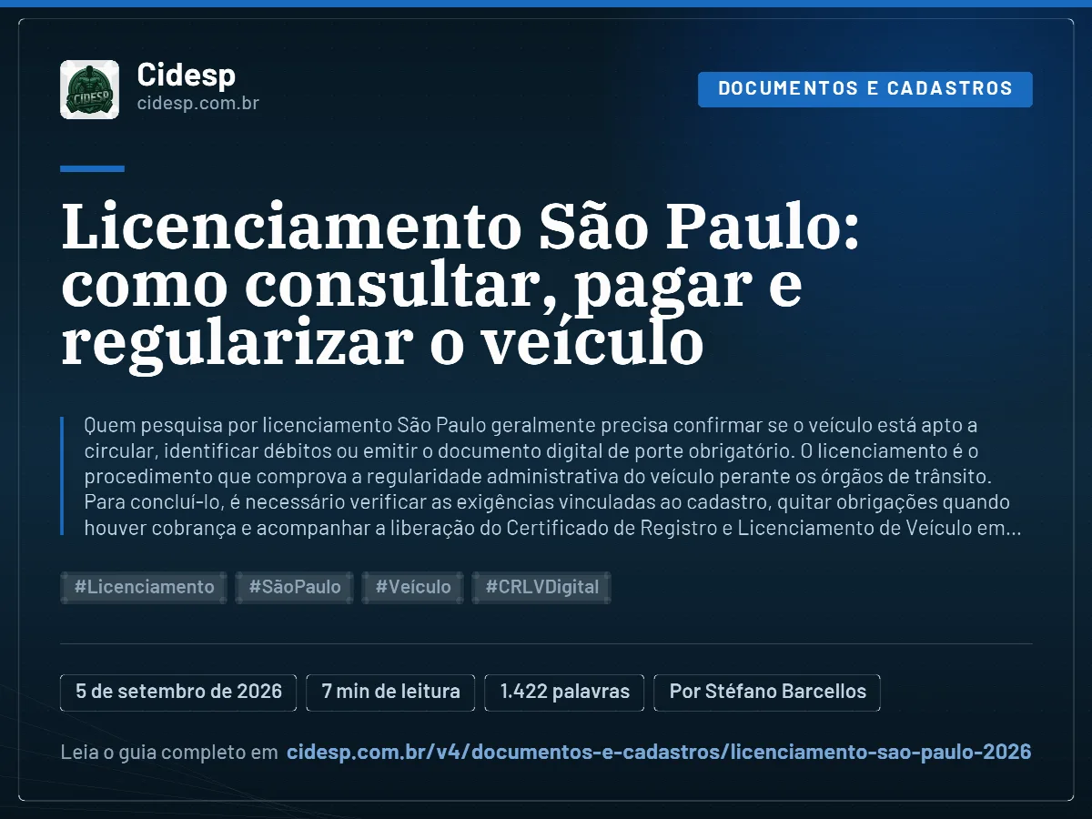 Cartão do artigo “Licenciamento São Paulo: como consultar, pagar e regularizar o veículo”, com resumo, data de publicação e endereço da página.
