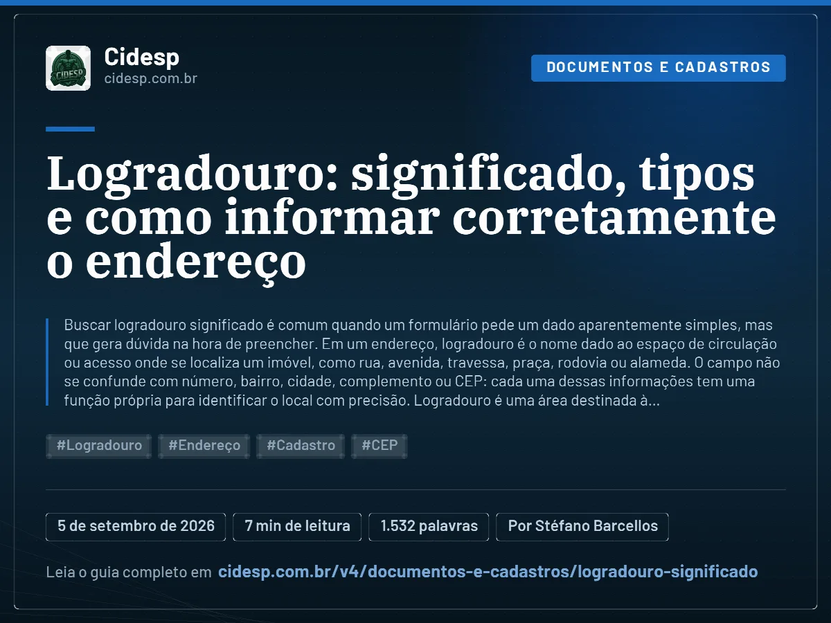 Cartão do artigo “Logradouro: significado, tipos e como informar corretamente o endereço”, com resumo, data de publicação e endereço da página.